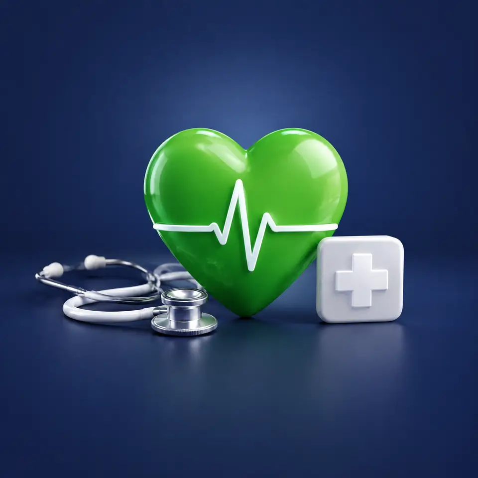 Ilustración: un corazón verde con una línea de latido, un estetoscopio y una cruz médica