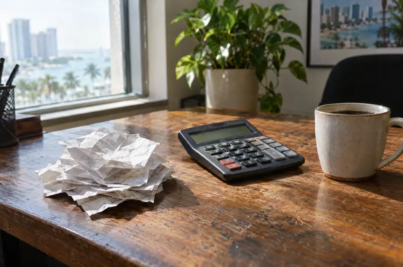 Ilustración: Recibos, una calculadora y un café sobre un escritorio de madera con luz de la mañana