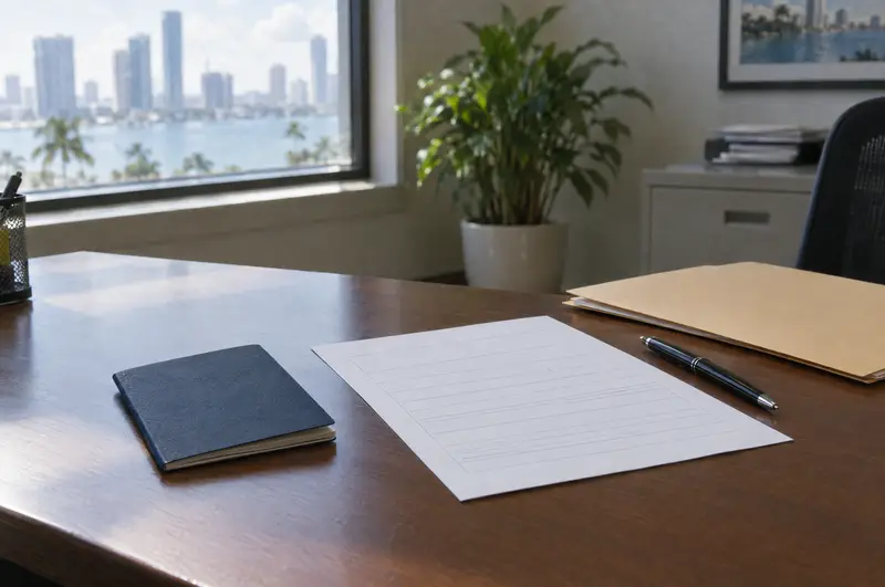 Illustration: A passport, a blank application form and a pen on a desk in a Miami office